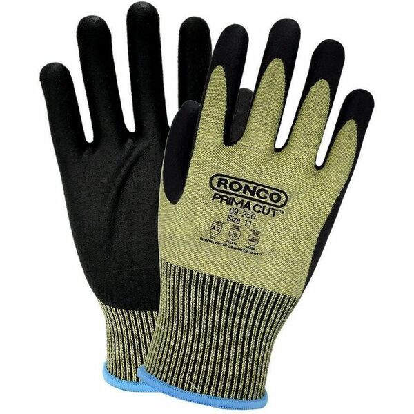 RONCO PrimaCut 69-250 Work Gloves - Abrasion, Blade Cut Protection - Nitrile Coating - Small Size - Aramid - Black, Yellow - Puncture Resistant, Cut Resistant, Blade Cut Resistant, Abrasion Resistant, Tear Resistant, Latex-free, Comfortable, Flexible - Fo