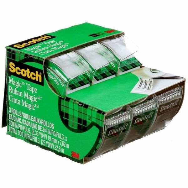 Scotch Tape, 3105-ESF, 3/4 in x 300 in (19 mm x 7.62 m) - 25 ft (7.6 m) Length x 0.75" (19 mm) Width - 1" (25.40 mm) Core - Matte - Transparent - Matte Acetate Backing - Synthetic Acrylic Adhesive - Dispenser Included - Handheld Dispenser - Moisture Resis