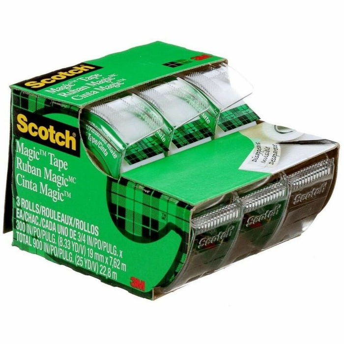 Scotch Tape, 3105-ESF, 3/4 in x 300 in (19 mm x 7.62 m) - 25 ft (7.6 m) Length x 0.75" (19 mm) Width - 1" (25.40 mm) Core - Matte - Transparent - Matte Acetate Backing - Synthetic Acrylic Adhesive - Dispenser Included - Handheld Dispenser - Moisture Resis