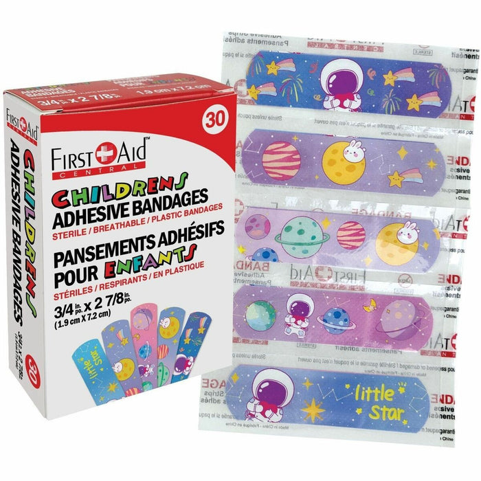 First Aid Central Children's Adhesive Bandages - 30 - 0.75" (19.05 mm) Width x 2.88" (73.02 mm) Length - Plastic - 30 / Pack