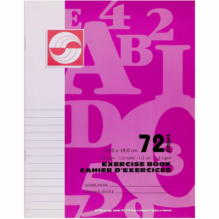 Enlivo Notebook - 72 Pages - Plain - Ruled Margin - 9" (22.86 cm) x 7" (17.78 cm) Sheet Size - Pink Cover - Half Plain Page, Half Ruled Page - 1 Each