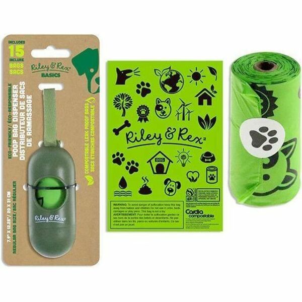 Riley & Rex Carton of 12 4in x 1.5in Capsule Poop Bag Dispenser w/15 Compostable Bags. T.o.c - Capsule - Leak Proof - 2 / Pack