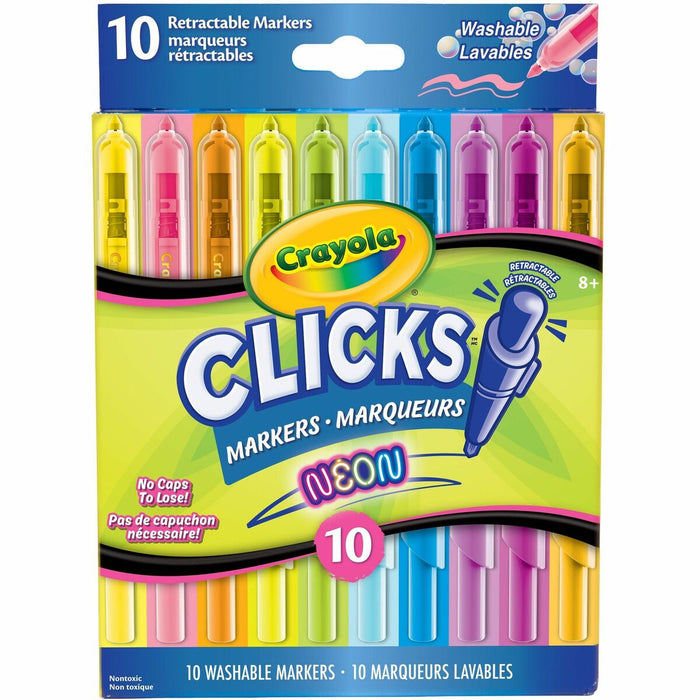 Crayola Click Neon Markers - Retractable - Washable - Assorted Neon Ink - Art, Drawing - 10 / Pack
