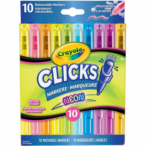 Crayola Click Neon Markers - Broad Conical, Fine Conical Marker Point - Retractable - Washable - Assorted Neon Ink - Art, Drawing - 10 / Pack