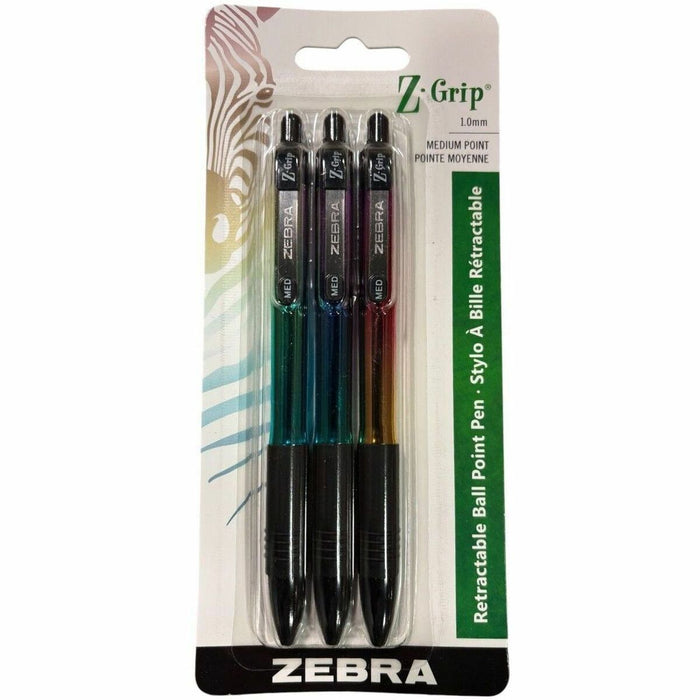 Zebra Z-Grip Metallic Ballpoint Pens - Retractable - Black Ink - Metallic Barrel - Writing - 3 / Pack