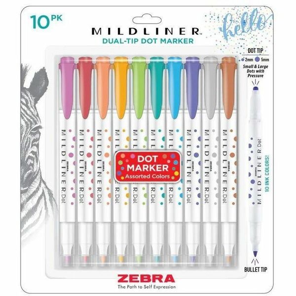 Zebra Mildliner Dual-Tip Dot Marker - Chisel, Fine Bullet, 2 mm (0.08"), 5 mm (0.20") Marker Point - Assorted Ink - Project, Journaling, Planner - 10 / Pack