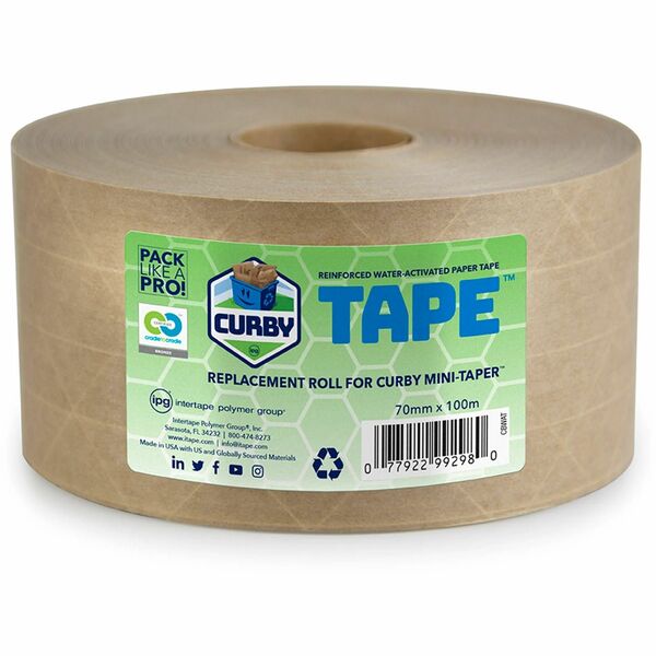 ipg Curby Water-Activated Tape, Replacement Roll for Curby Mini-Taper - 109.4 yd (100 m) Length x 2.76" (70 mm) Width - Natural Kraft - Fiberglass, Polyester - Water Resistant - For Mail Room, Shipping, Packaging, Sealing, Carton