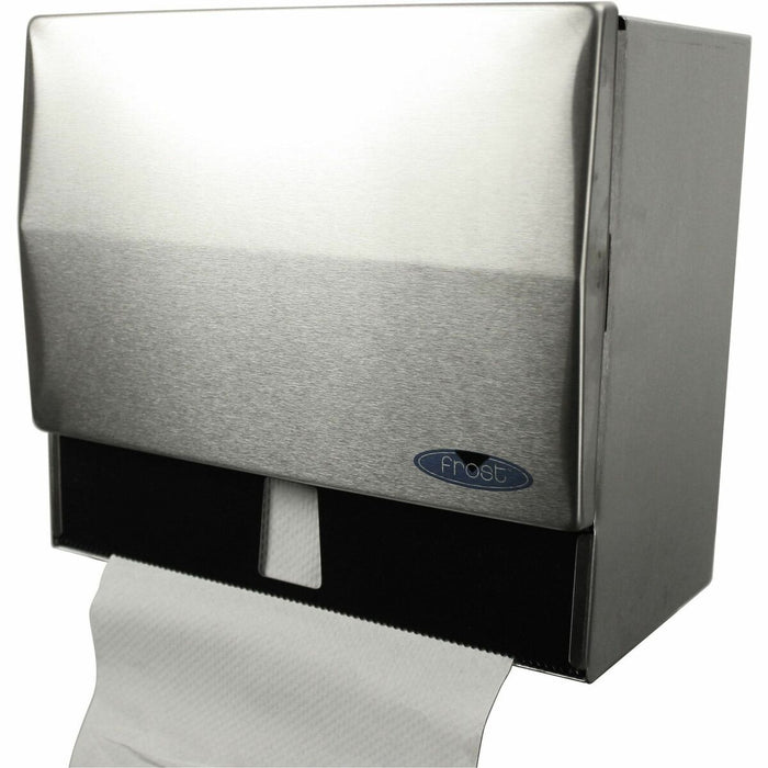 Frost Universal Towel Dispenser - Singlefold, Roll Dispenser - 6" (152.40 mm) Roll Diameter - 9.69" (246 mm) Height x 10.59" (269 mm) Width x 6.89" (175 mm) Depth - Stainless Steel, Galvannealed Steel, Cold Rolled Steel - Brushed Silver, Black - Durable,