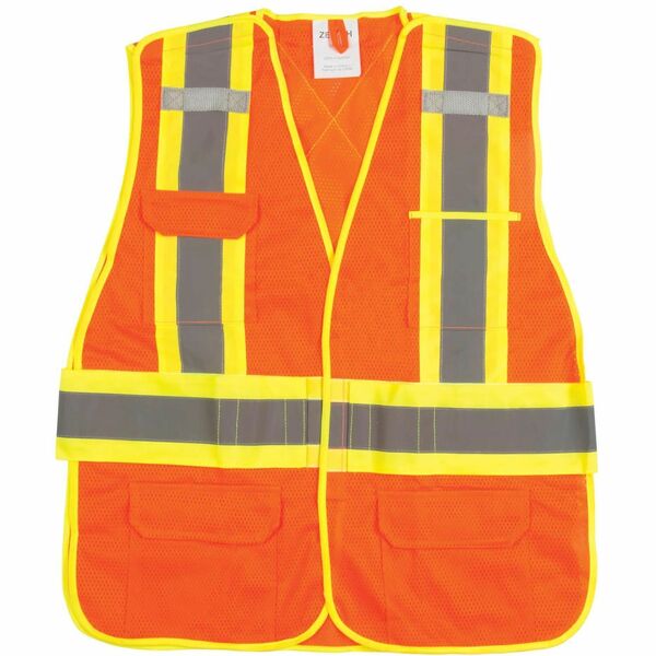 Zenith SEF101 Safety Vest - Medium - Hook & Loop Closure - Polyester - High Visibility Orange - High Visibility, D-ring, Lightweight, Comfortable, Reflective Strip, Hook & Loop Sealed Pocket, Pocket, Machine Washable, ID Pocket - 1 Each