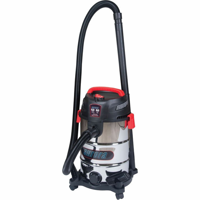 Aurora Tools Vacuum, Wet-Dry, 6 HP, 8 US Gal. (30.3 Litres) - 4.47 kW Motor - Bagged - 30.28 L Water Tank Capacity - Hose, Extension Wand, Crevice Nozzle, Utility Nozzle, Floor Nozzle - 748.1 gal/min (2831684.66 mL/min) - Stainless, Black, Red