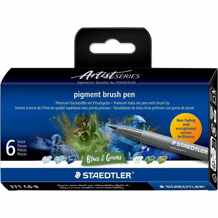 Staedtler pigment brush pen 371 - Navy Blue, Pastel Green, Olive Green, Hazy Blue, Olive Dark, Delft Blue Ink - Pigment-based, Water Based - Plastic, Polypropylene Barrel - Fiber Tip - Drawing, Coloring, Sketching, Art, Project, Journaling - 6 / Pack