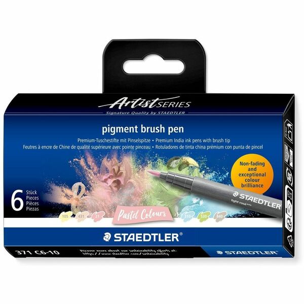 Staedtler pigment brush pen 371 - Brush, Thick, Thin Pen Point - Pastel Yellow, Light Rose, Ice Blue, Light Peach, Lime Green, Warm Gray Light Ink - Pigment-based, Water Based - Plastic, Polypropylene Barrel - Fiber Tip - Drawing, Coloring, Sketching, Art