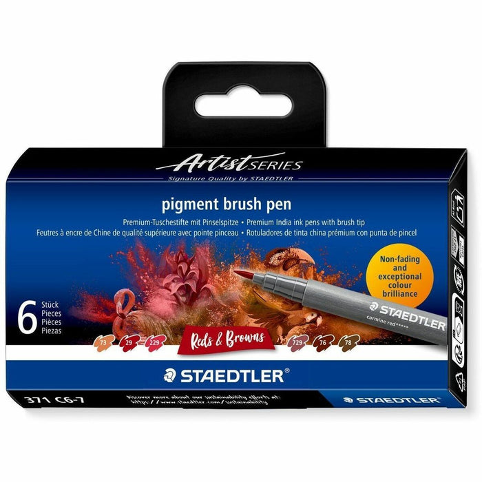 Staedtler pigment brush pen 371 - Cherry Red, Carmine Red, Maroon, Burnt Sienna, Brown, Dark Brown Ink - Pigment-based, Water Based - Plastic, Polypropylene Barrel - Fiber Tip - Drawing, Coloring, Sketching, Art, Project, Journaling - 6 / Pack