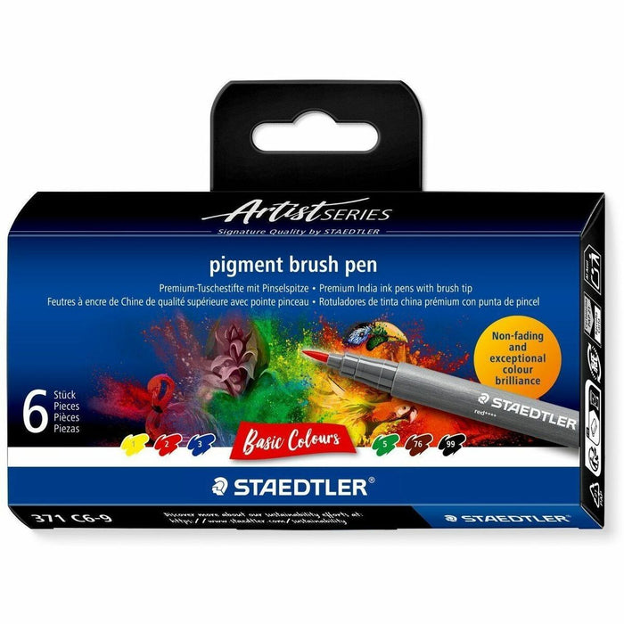 Staedtler pigment brush pen 371 - Yellow, Red, Blue, Green, Brown, Intense Black Ink - Pigment-based, Water Based - Plastic, Polypropylene Barrel - Fiber Tip - Drawing, Coloring, Sketching, Art, Project, Journaling - 6 / Pack