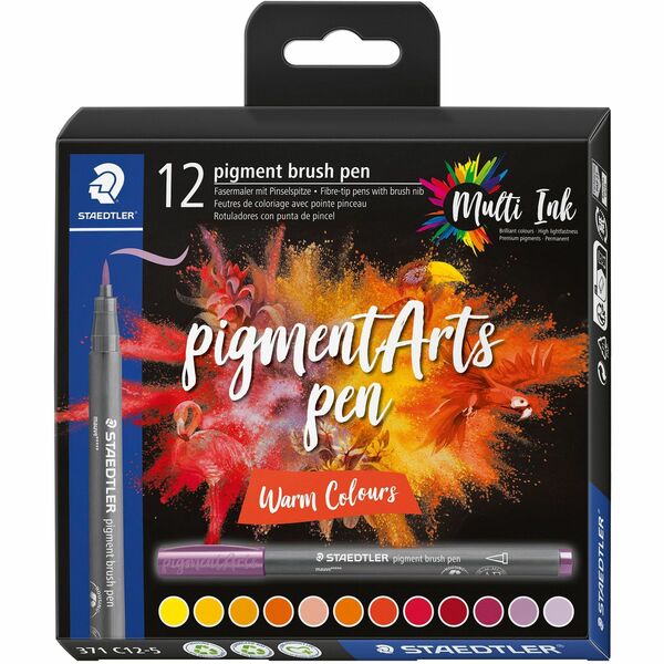 Staedtler pigment brush pen 371 - Brush, Thick, Thin Pen Point - Yellow, Sunny Yellow, Cherry Red, Scarlet Red, Mauve, Wine Red, Carmine Red, Orange, Coral, Lavender Light, Sienna Raw, ... Ink - Pigment-based, Water Based - Plastic, Polypropylene Barrel -