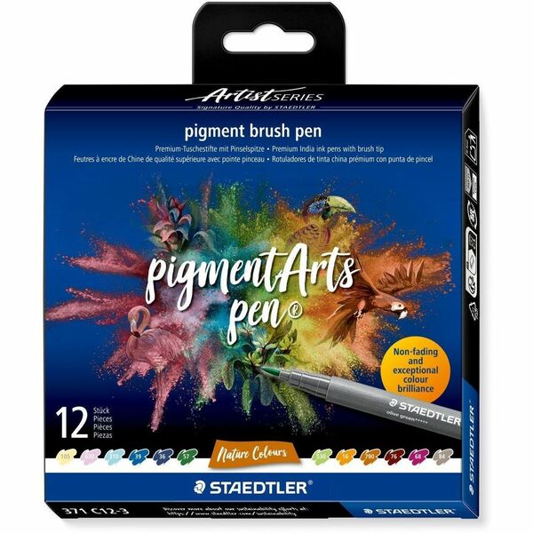 Staedtler pigment brush pen 371 - Brush, Thick, Thin Pen Point - Pastel Yellow, Ice Blue, Indigo Blue, Pacific Blue, Lime Green, Olive Green, Lavender Light, Plum, Brown, Umber, Warm Gray Medium, ... Ink - Pigment-based, Water Based - Plastic, Polypropyle