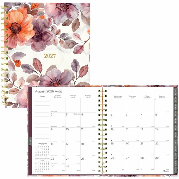 Blueline Planner - Bilingual - Monthly - 17 Month - August 2026 to December 2027 - 1 Month Double Page Layout - 9 1/4" (234.95 mm) x 7 1/4" (184.15 mm) Sheet Size - Twin Wire - Laminate Cover - 1 Each