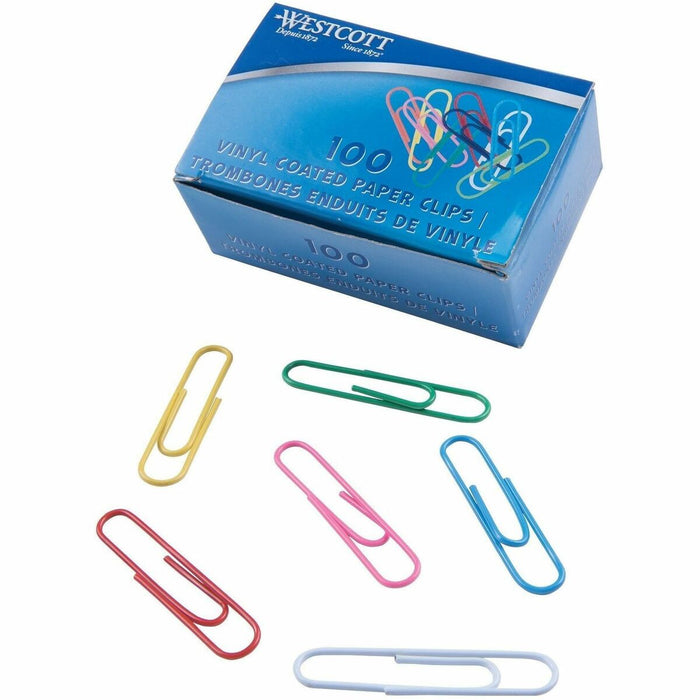 Westcott 2" (51mm) Vinyl Coated Paper Clips, 100/box - for School, Office, Home - Durable, Smooth - Assorted - Metal - 100 / Box