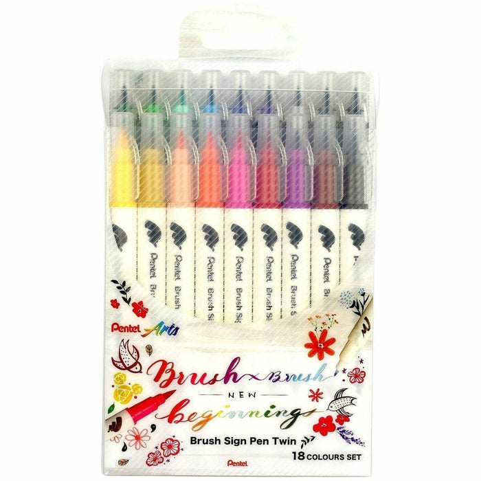 Pentel Brush Sign Pen Twin - 18-Colour Set - Assorted Ink - Water Based, Dye-based - 18 / Pack