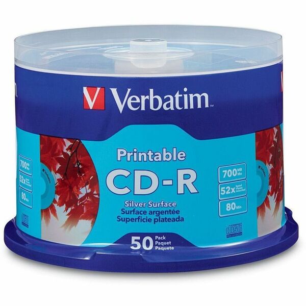 Verbatim CD-R 700MB 52X Silver Inkjet Printable - 50pk Spindle - 120mm - Printable - 1.33 Hour Maximum Recording Time
