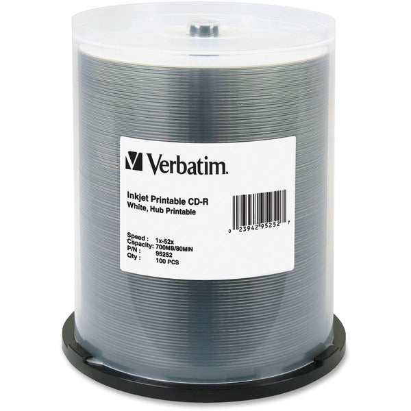 Verbatim 95252 CD Recordable Media - CD-R - 52x - 700 MB - 100 Pack Spindle - White - 120mm - Printable - Inkjet Printable - 133.53 Hour Maximum Recording Time