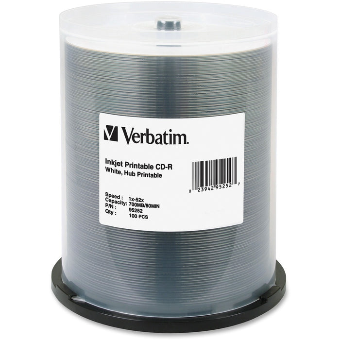 Verbatim 95252 CD Recordable Media - CD-R - 52x - 700 MB - 100 / Pack - White - 120mm - Printable - Inkjet Print Technology - 133.53 Hour Maximum Recording Time