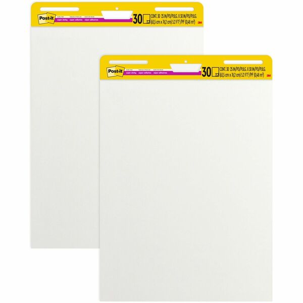 Post-it&reg; Self-Stick Easel Pads - 30 Sheets - Plain - Stapled - 18.50 lb (8391.46 g) Basis Weight - 25" (63.50 cm) x 30" (76.20 cm) Sheet Size - White Paper - Cardboard Cover - Self-adhesive, Repositionable, Resist Bleed-through, Removable, Sturdy Back