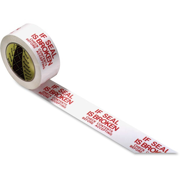 Scotch Preprinted Message Seal Broken Tape - 109.4 yd (100 m) Length x 1.88" (47.8 mm) Width - 3" (76.20 mm) Core - White, Red - 1.20 mil (0.03 mm) - Polypropylene Film Backing - For Sealing - 1 Roll