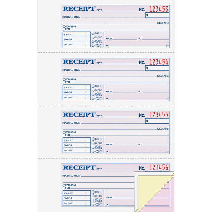 Adams Tapebound 3-part Money Receipt Book - 100 Sheet(s) - Tape Bound - 3 Part - Carbonless Copy - 2.75" (69.85 mm) x 7.62" (193.55 mm) Form Size - White, Canary, Pink - Assorted Sheet(s) - 1 Each