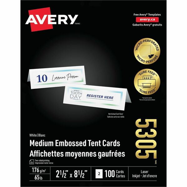 Avery&reg; Medium Tent Cards for Laser and Inkjet Printers, 2½" x 8½" - 97 Brightness - 2 1/2" x 8 1/2" - 100 / Box - Perforated, Heat Resistant, Heavyweight, Rounded Corner, Smudge-free, Jam-free, Embossed - White