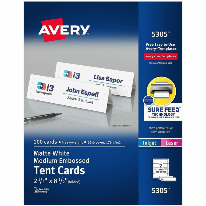 Avery&reg; Medium Tent Cardsfor Laser and Inkjet Printers, 2-1/2" x 8-1/2" - 97 Brightness - 2 1/2" (63.50 mm) x 8 1/2" (215.90 mm) - 65 lb (29483.50 g) Basis Weight - 176 g/m² Grammage - Matte, Embossed - Heat Resistant, Heavyweight, Rounded Corner,