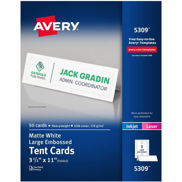Avery&reg; Large Tent Cardsfor Laser and Inkjet Printers, 3-1/2" x 11" - 97 Brightness - 3 1/2" (88.90 mm) x 11" (279.40 mm) - 65 lb (29483.50 g) Basis Weight - 176 g/m² Grammage - Matte - Perforated, Heavyweight, Rounded Corner, Smudge-free, Jam-fre