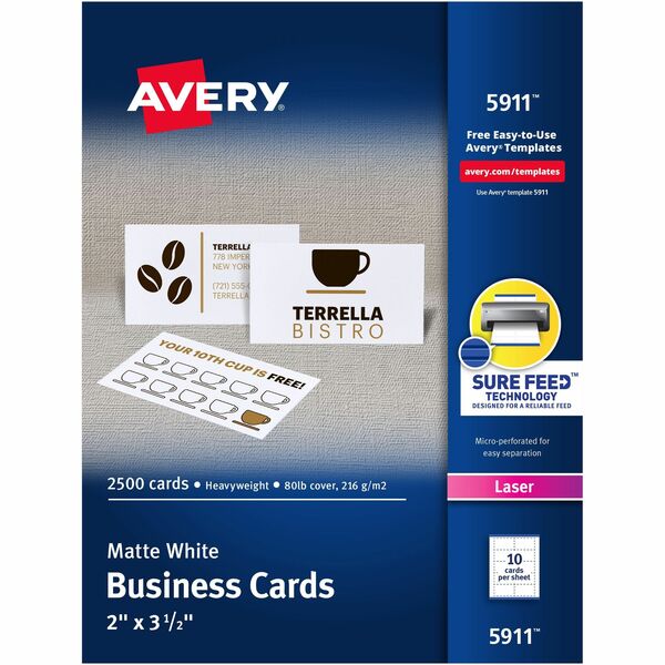 Avery&reg; Perforated Business Cards for Laser Printers, 2" x 3½" - 97 Brightness - 2" x 3 1/2" - 80 lb Basis Weight - 216 g/m&#178; Grammage - 2500 / Box - Perforated, Heavyweight, Jam-free, Smooth Edge, Uncoated, Perforated, Recyclable - White