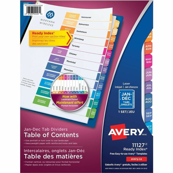 Avery&reg; Ready Index&reg; Table of Contents Dividers for Laser and Inkjet Printers, Jan-Dec - 12 x Divider(s) - Printed Tab(s) - Month - Jan-Dec - 12 Tab(s)/Set - 8.50" Divider Width x 11" Divider Length - Letter - 3 Hole Punched - White Paper Divider -