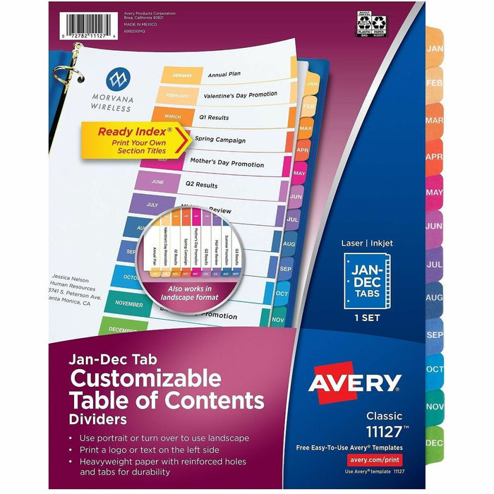 Avery&reg; Ready Index&reg; Table of Contents Dividers for Laser and Inkjet Printers, Jan-Dec - 12 x Divider(s) - Printed Tab(s) - Month - Jan-Dec - 12 Tab(s)/Set - 8.50" (215.90 mm) Divider Width x 11" (279.40 mm) Divider Length - Letter - 3 Hole Punched