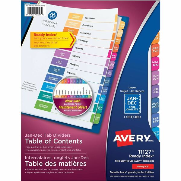 Avery&reg; Ready Index&reg; Table of Contents Dividers for Laser and Inkjet Printers, Jan-Dec - 12 x Divider(s) - Printed Tab(s) - Month - Jan-Dec - 12 Tab(s)/Set - 8.50" (215.90 mm) Divider Width x 11" (279.40 mm) Divider Length - Letter - 3 Hole Punched