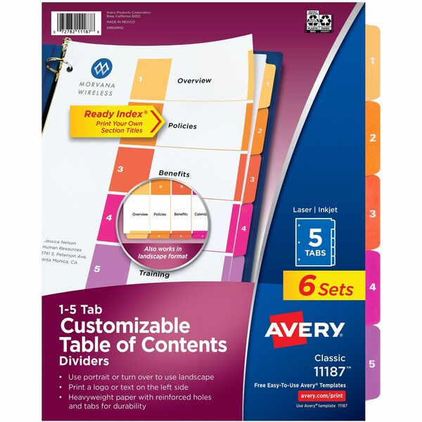 Avery&reg; Ready Index&reg; Table of Content Dividersfor Laser and Inkjet Printers, 5 tabs, 6 sets - 30 x Divider(s) - 30 Tab(s) - Digit - 1-5 - 5 Tab(s)/Set - 8.50" (215.90 mm) Divider Width x 11" (279.40 mm) Divider Length - 3 Hole Punched - White Paper