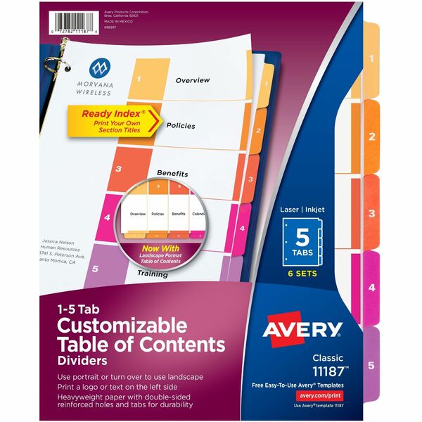 Avery&reg; Ready Index&reg; Table of Content Dividersfor Laser and Inkjet Printers, 5 tabs, 6 sets - 30 x Divider(s) - 1-5 - 5 Tab(s)/Set - 8.50" (215.90 mm) Divider Width x 11" (279.40 mm) Divider Length - 3 Hole Punched - White Paper Divider - Multicolo