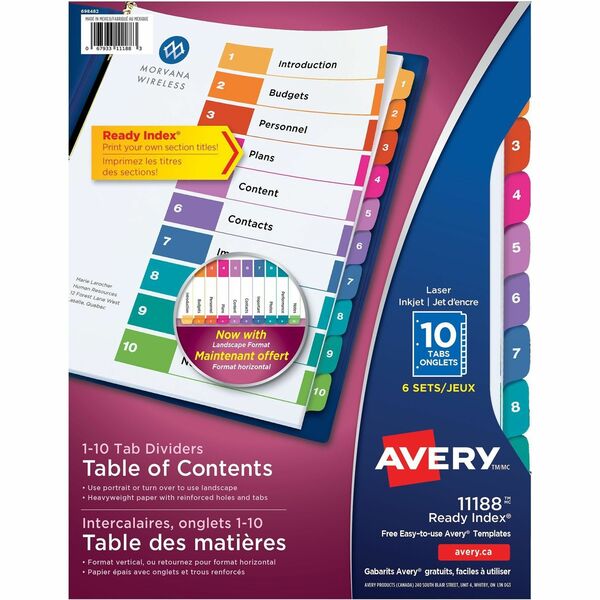 Avery&reg; Ready Index&reg; Table of Content Dividers for Laser and Inkjet Printers, 10 tabs, 6 sets - 60 x Divider(s) - 1-10 - 10 Tab(s)/Set - 8.50" Divider Width x 11" Divider Length - 3 Hole Punched - White Paper Divider - Multicolor Paper Tab(s) - Rec