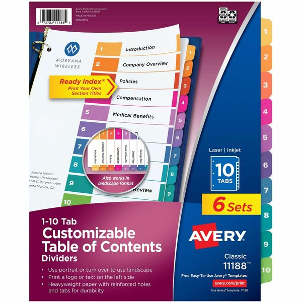 Avery&reg; Ready Index&reg; Table of Content Dividersfor Laser and Inkjet Printers, 10 tabs, 6 sets - 60 x Divider(s) - 60 Printed Tab(s) - Digit - 1-10 - 10 Tab(s)/Set - 8.50" (215.90 mm) Divider Width x 11" (279.40 mm) Divider Length - 3 Hole Punched -