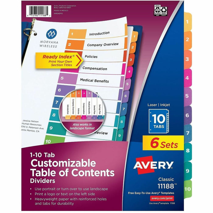 Avery&reg; Ready Index&reg; Table of Content Dividersfor Laser and Inkjet Printers, 10 tabs, 6 sets - 60 x Divider(s) - 60 Printed Tab(s) - Digit - 1-10 - 10 Tab(s)/Set - 8.50" (215.90 mm) Divider Width x 11" (279.40 mm) Divider Length - 3 Hole Punched -