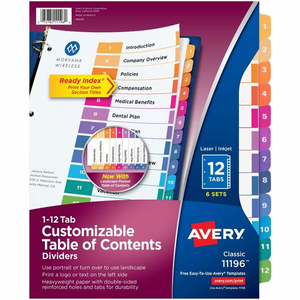 Avery&reg; Ready Index&reg; Table of Content Dividers for Laser and Inkjet Printers, 12 tabs, 6 sets - 72 x Divider(s) - 1-12 - 12 Tab(s)/Set - 8.50" (215.90 mm) Divider Width x 11" (279.40 mm) Divider Length - 3 Hole Punched - White Paper Divider - Multi