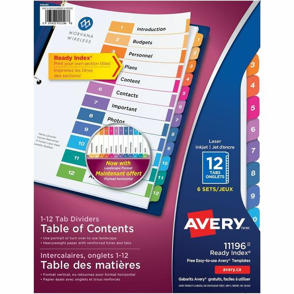 Avery&reg; Ready Index&reg; Table of Content Dividers for Laser and Inkjet Printers, 12 tabs, 6 sets - 72 x Divider(s) - 1-12 - 12 Tab(s)/Set - 8.50" Divider Width x 11" Divider Length - 3 Hole Punched - White Paper Divider - Multicolor Paper Tab(s) - Rec