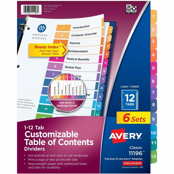 Avery&reg; Ready Index&reg; Table of Content Dividers for Laser and Inkjet Printers, 12 tabs, 6 sets - 72 x Divider(s) - 72 Tab(s) - Digit - 1-12 - 12 Tab(s)/Set - 8.50" (215.90 mm) Divider Width x 11" (279.40 mm) Divider Length - 3 Hole Punched - White P