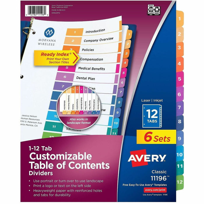 Avery&reg; Ready Index&reg; Table of Content Dividers for Laser and Inkjet Printers, 12 tabs, 6 sets - 72 x Divider(s) - 72 Tab(s) - Digit - 1-12 - 12 Tab(s)/Set - 8.50" (215.90 mm) Divider Width x 11" (279.40 mm) Divider Length - 3 Hole Punched - White P