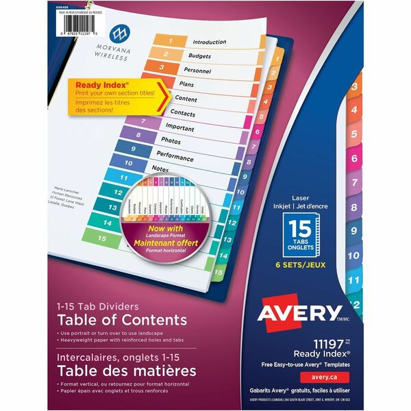 Avery&reg; Ready Index&reg; Table of Content Dividers for Laser and Inkjet Printers, 15 tabs, 6 sets - 90 x Divider(s) - 1-15 - 15 Tab(s)/Set - 8.50" Divider Width x 11" Divider Length - 3 Hole Punched - White Paper Divider - Multicolor Paper Tab(s) - 6 /