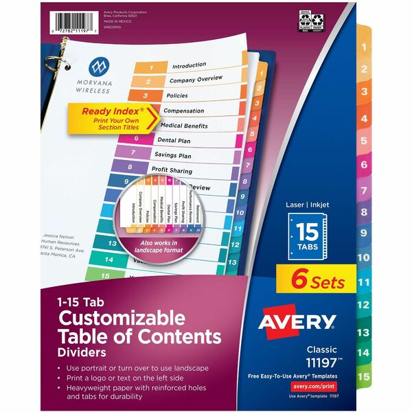 Avery&reg; Ready Index&reg; Table of Content Dividers for Laser and Inkjet Printers, 15 tabs, 6 sets - 90 x Divider(s) - 90 Tab(s) - Digit - 1-15 - 15 Tab(s)/Set - 8.50" (215.90 mm) Divider Width x 11" (279.40 mm) Divider Length - 3 Hole Punched - White P