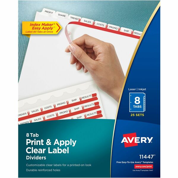 Avery&reg; Print & Apply Clear Label Dividers with Index Maker&reg; Easy Apply&trade; Labels for Laser and Inkjet Printers, 8 tabs, 25 sets - 200 x Divider(s) - 8 Blank Tab(s) - 8 Tab(s)/Set - 8.50" Divider Width x 11" Divider Length - Letter - 3 Hole Pun