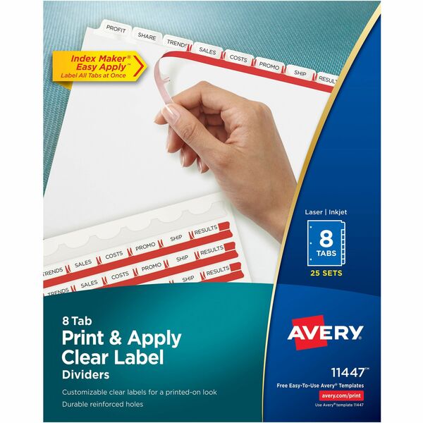 Avery&reg; Print & Apply Clear Label Dividerswith Index Maker&reg; Easy Apply&trade; Labels for Laser and Inkjet Printers, 8 tabs, 25 sets - 200 x Divider(s) - 8 Blank Tab(s) - 8 Tab(s)/Set - 8.50" (215.90 mm) Divider Width x 11" (279.40 mm) Divider Lengt