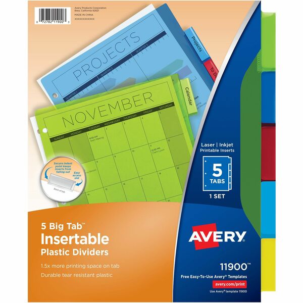 Avery&reg; Big Tab&trade; Insertable Plastic Dividers for Laser and Inkjet Printers, 9¼" x 11?" , 5 tabs, 1 set - 5 x Divider(s) - 5 - 5 Tab(s)/Set - 8.50" Divider Width x 11" Divider Length - 3 Hole Punched - Translucent Plastic Divider - Multicolor Plas